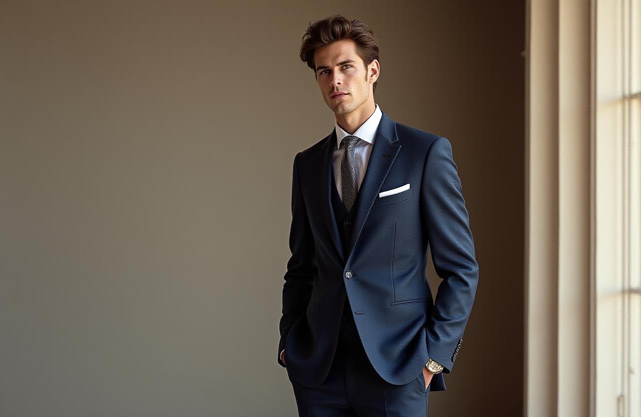 A impeccably dressed man in a bespoke Calli Threads suit, standing against a minimalist background.