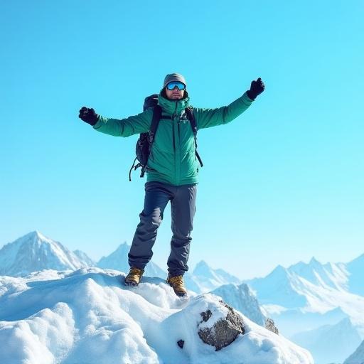 A hiker wearing a Tengu Ridge technical jacket on a snowy mountain peak.