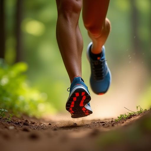 A trail runner in motion, wearing lightweight Tengu Ridge shoes.