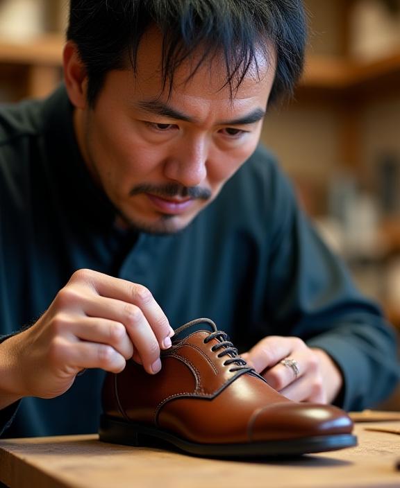 職人が丹念に靴を検品する様子